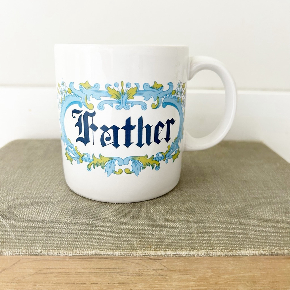 Vintage 80’s Blue & White Floral Father Mug Retro Cottage-Core